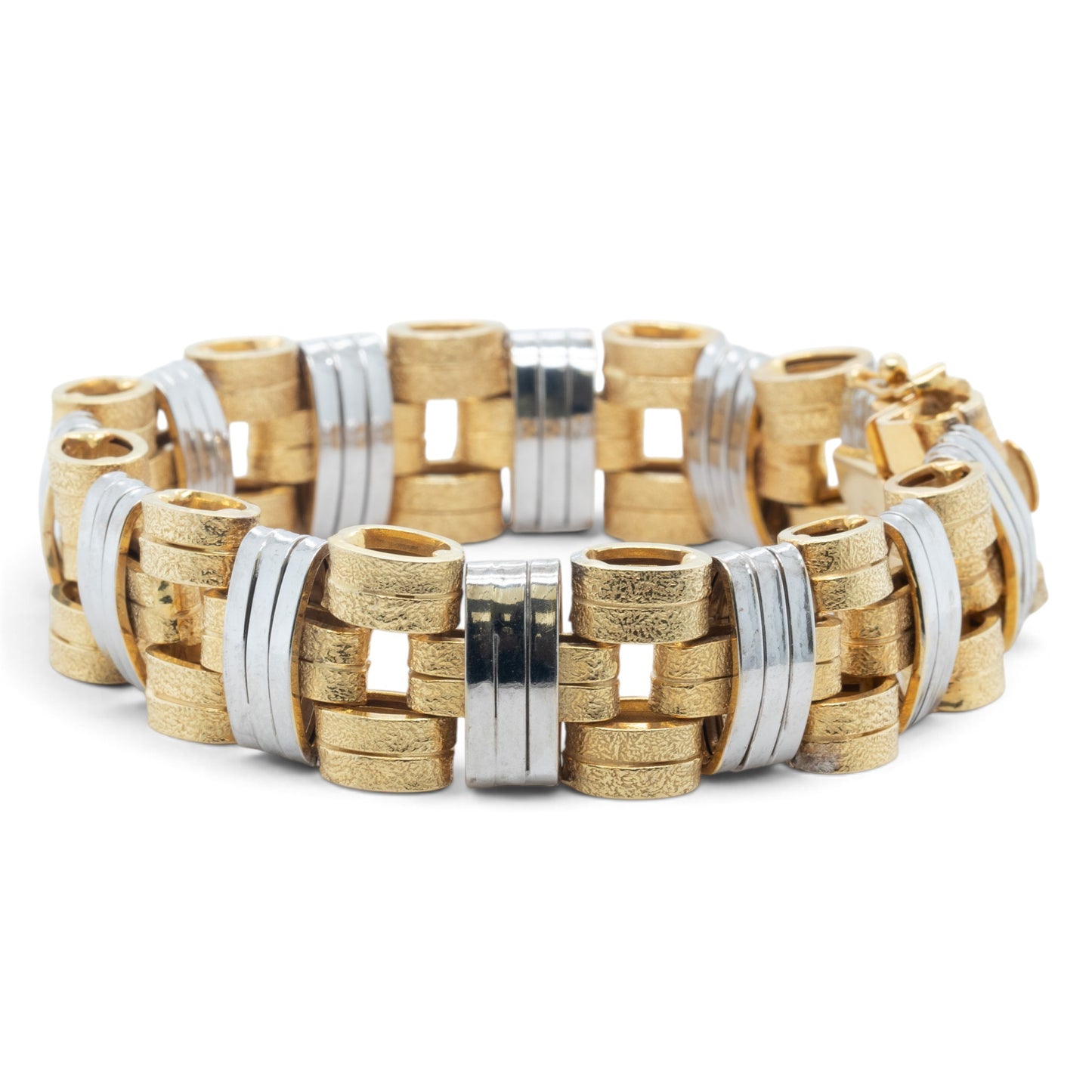 Mens 14k Yellow & White Gold 2-Tone Stipple & Smooth Textured Bracelet 38.9g 8"