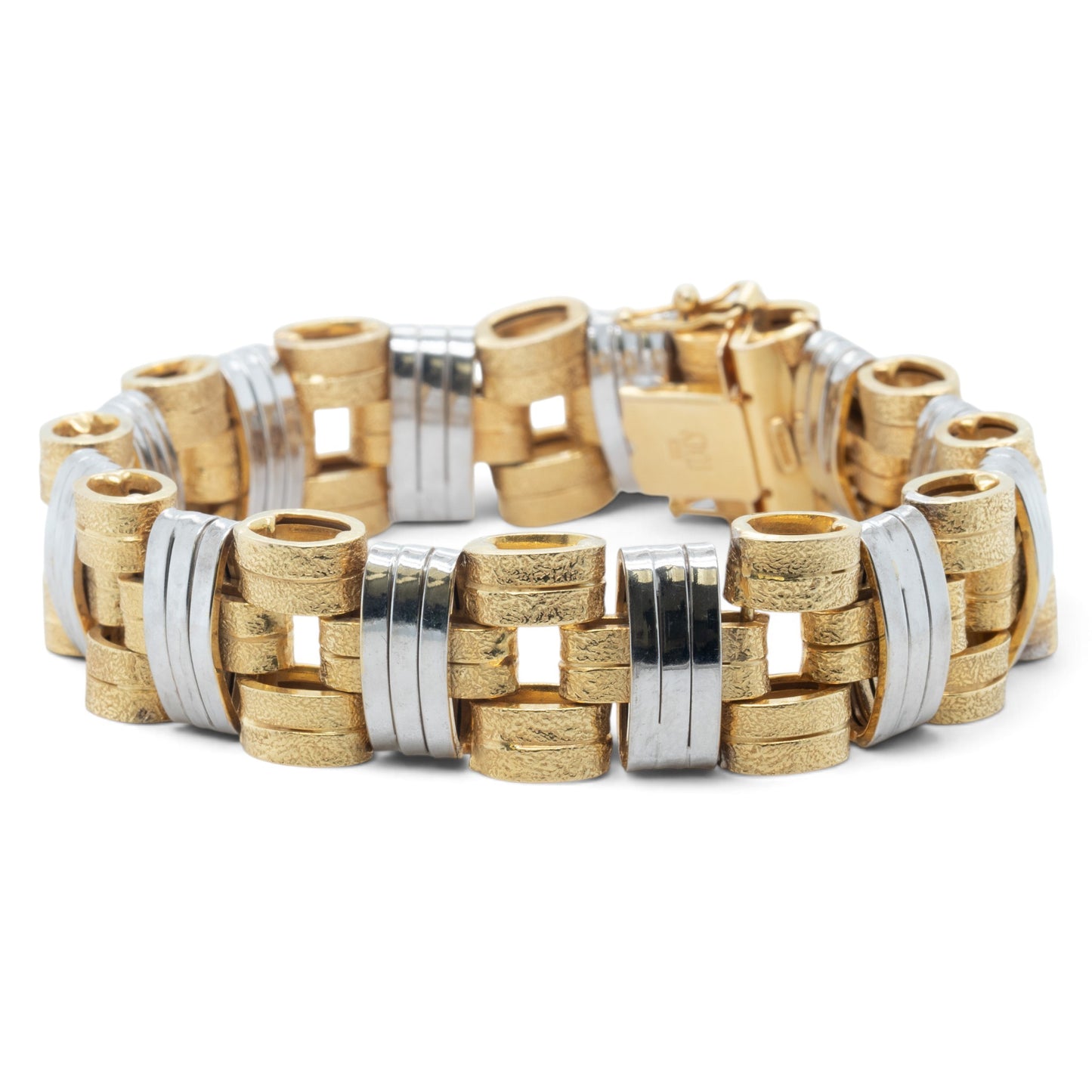 Mens 14k Yellow & White Gold 2-Tone Stipple & Smooth Textured Bracelet 38.9g 8"