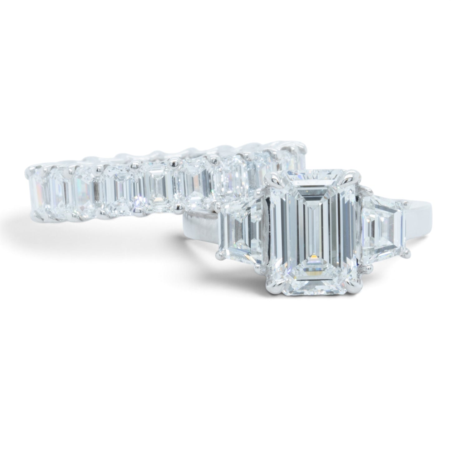 GIA 14k White Gold Lab Grown Diamond Emerald Cut Engagement & Eternity Ring Set