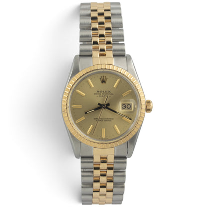 Rolex Oyster Date 15053 Champagne 18k Gold & Stainless Steel 34mm Watch w/ BOX