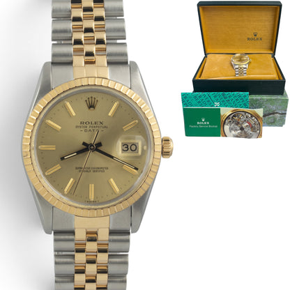 Rolex Oyster Date 15053 Champagne 18k Gold & Stainless Steel 34mm Watch w/ BOX
