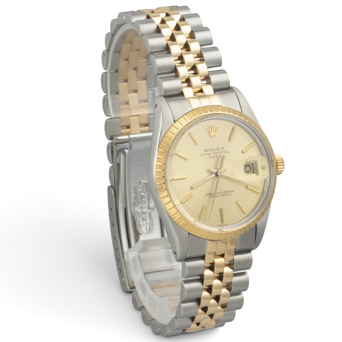 Rolex Oyster Date 15053 Champagne 18k Gold & Stainless Steel 34mm Watch w/ BOX