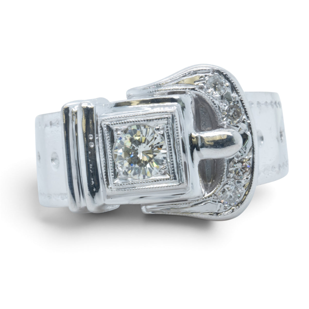 13k White Gold Diamond Belt Buckle Milgrain Bezel Ring 0.45ctw G-H SI1 Size 9