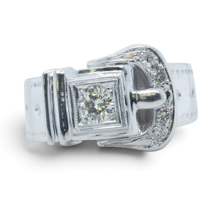 13k White Gold Diamond Belt Buckle Milgrain Bezel Ring 0.45ctw G-H SI1 Size 9