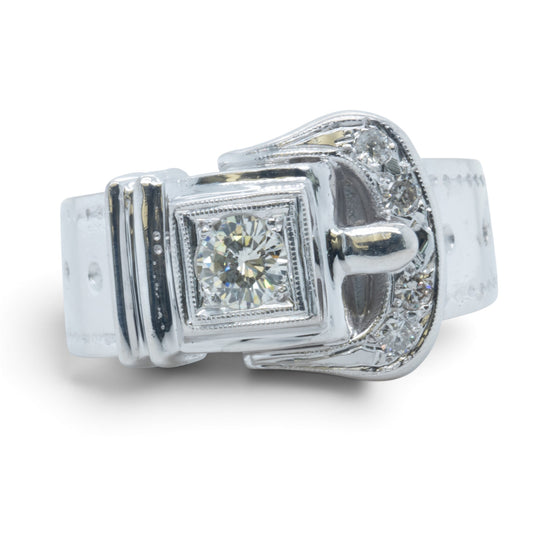 13k White Gold Diamond Belt Buckle Milgrain Bezel Ring 0.45ctw G-H SI1 Size 9