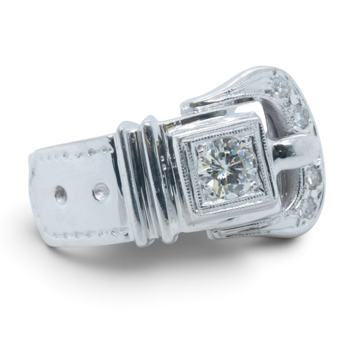 13k White Gold Diamond Belt Buckle Milgrain Bezel Ring 0.45ctw G-H SI1 Size 9