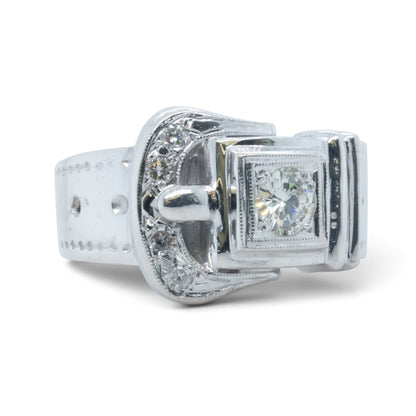 13k White Gold Diamond Belt Buckle Milgrain Bezel Ring 0.45ctw G-H SI1 Size 9