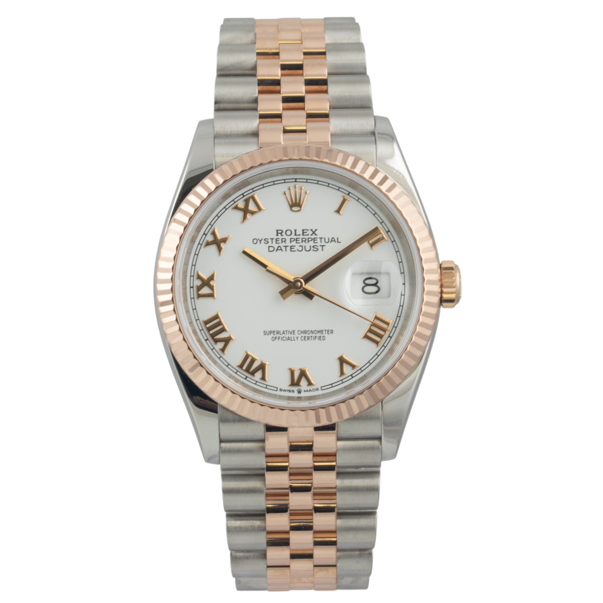 2019 Rolex DateJust 126231 36mm White Roman 18k Rose Gold & Steel BOX + PAPERS
