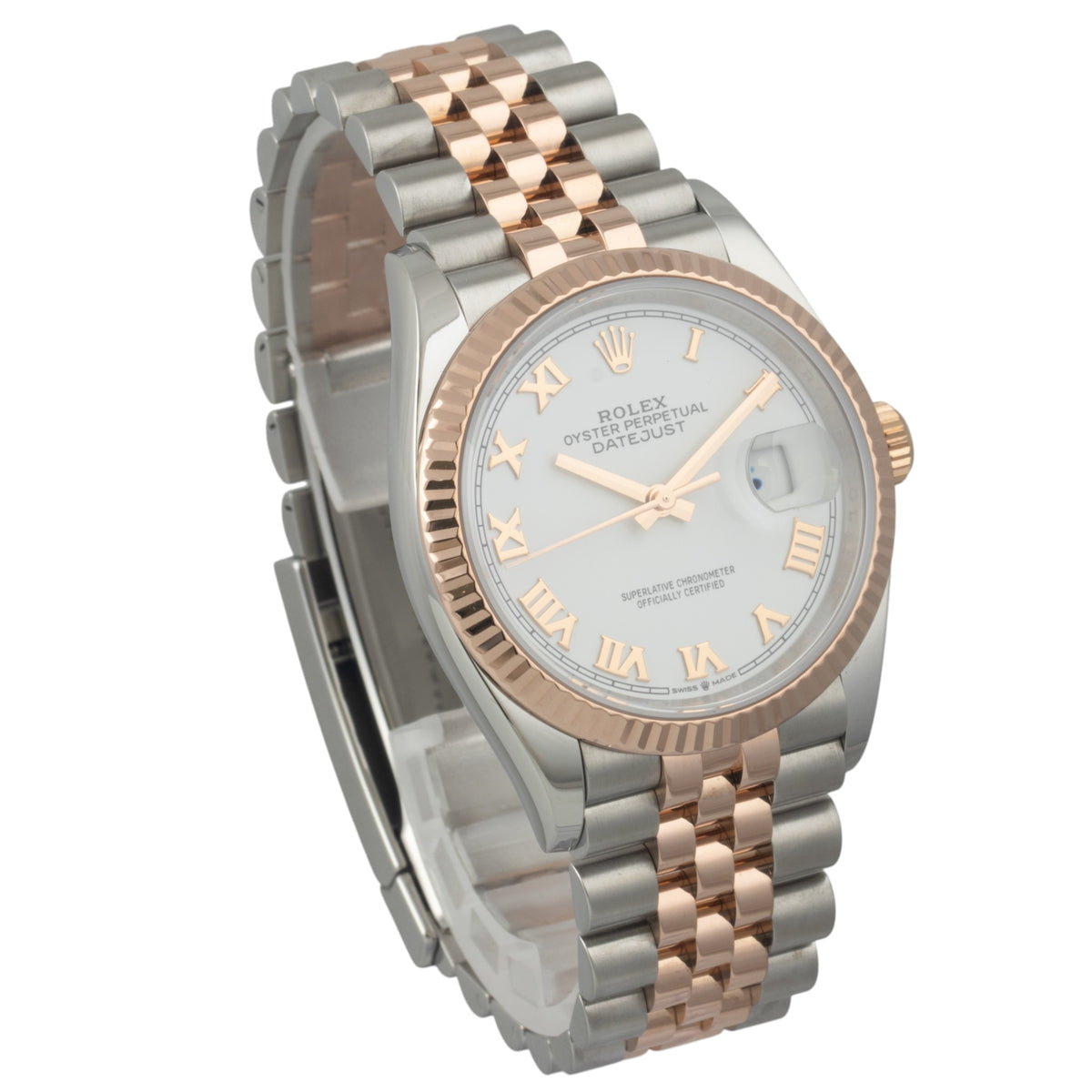 2019 Rolex DateJust 126231 36mm White Roman 18k Rose Gold & Steel BOX + PAPERS
