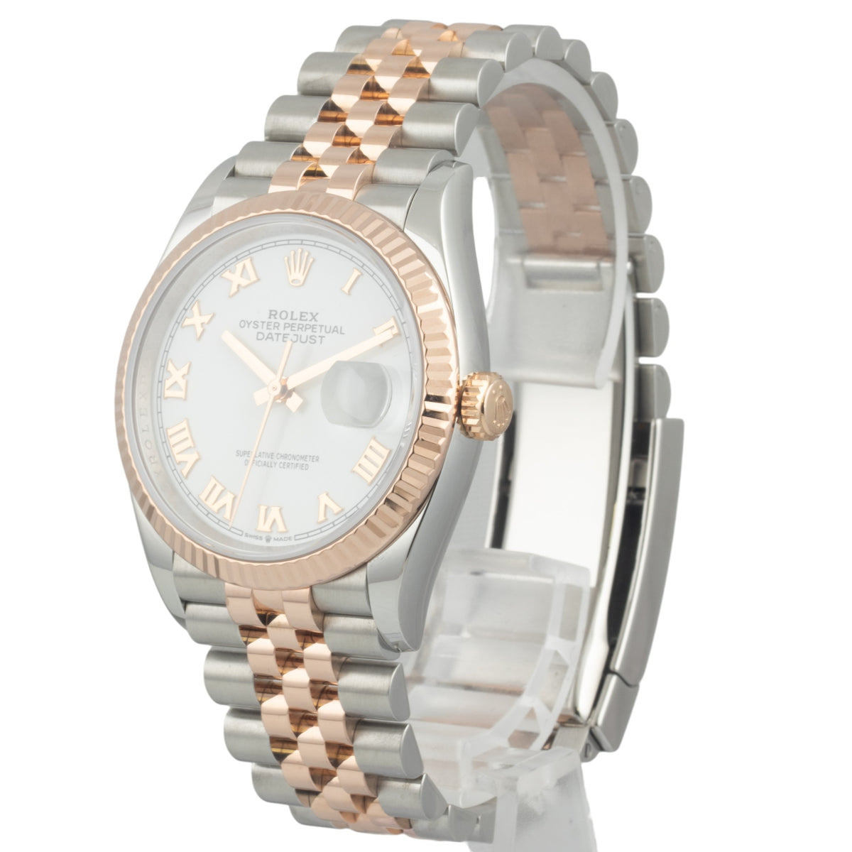 2019 Rolex DateJust 126231 36mm White Roman 18k Rose Gold & Steel BOX + PAPERS