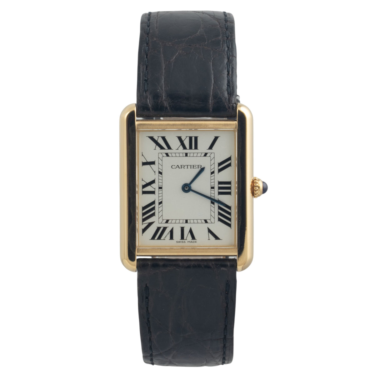 Cartier Tank 2742 18k Yellow Gold 28mm x 35mm White Roman Steel Back Black Strap