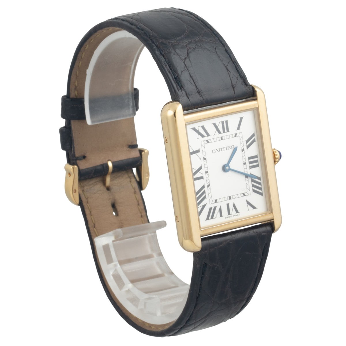 Cartier Tank 2742 18k Yellow Gold 28mm x 35mm White Roman Steel Back Black Strap