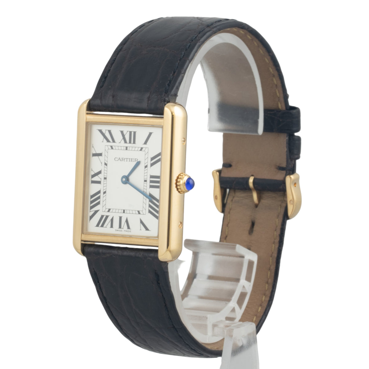 Cartier Tank 2742 18k Yellow Gold 28mm x 35mm White Roman Steel Back Black Strap
