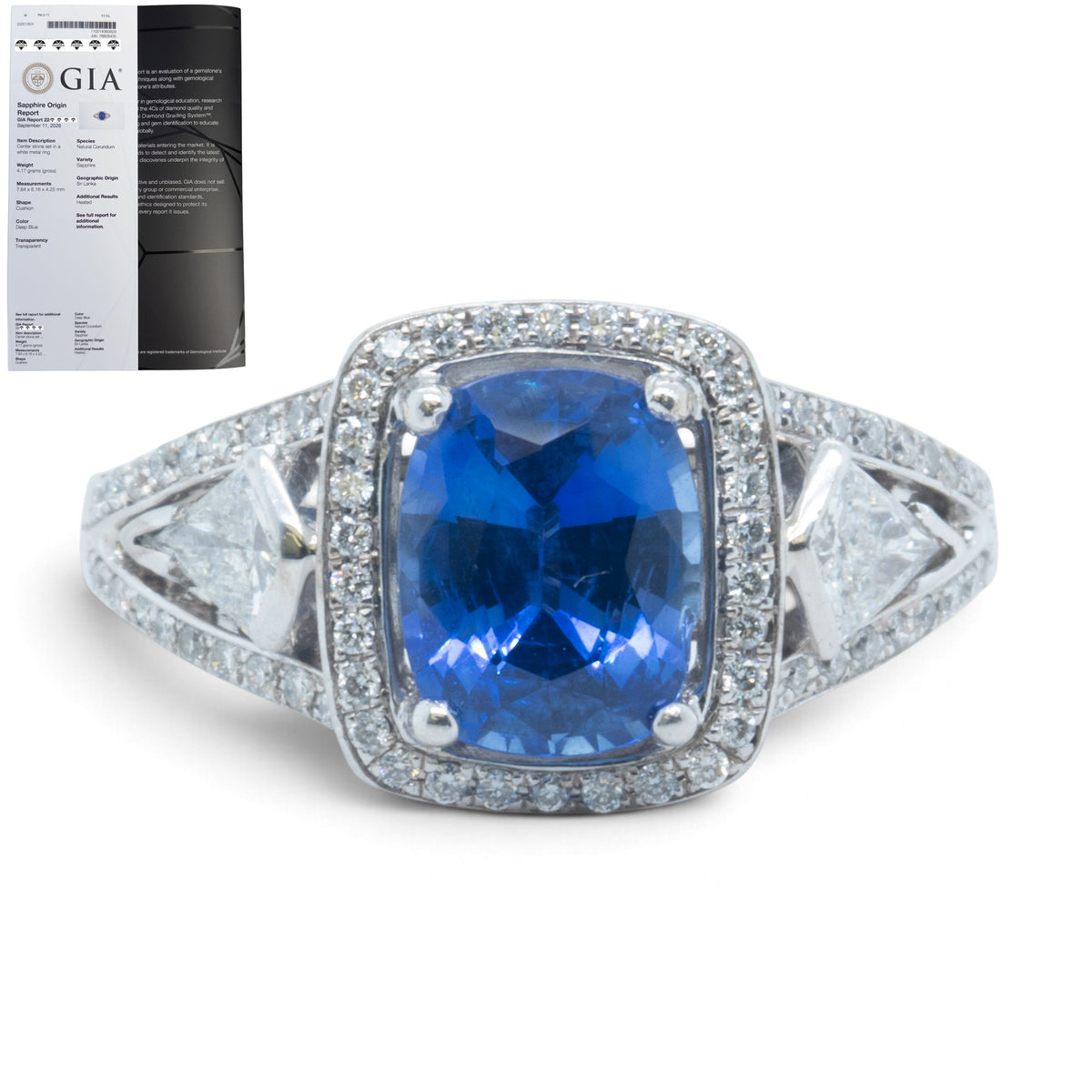 18k White Gold GIA Royal Blue 1.75ct Sapphire Diamond Ring 0.55ctw G-H SI1