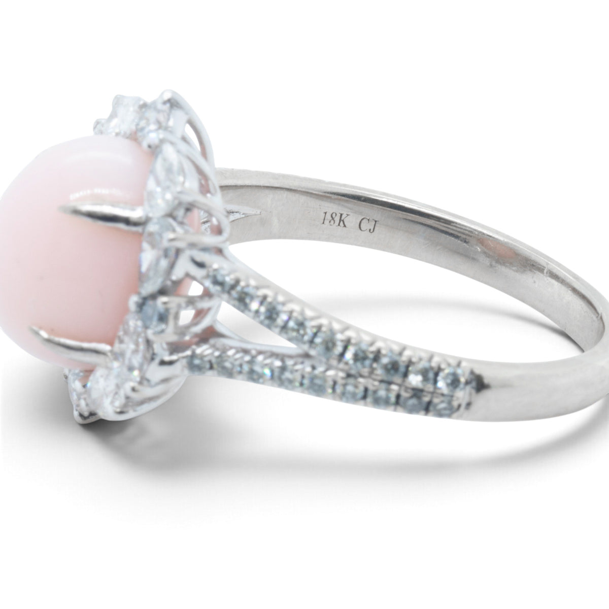 Cirari Couture 18k White Gold 6.35ct Pink Conch Pearl Pear Diamond Ring Size 7