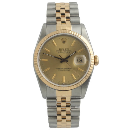 1989 Rolex DateJust 16233 36mm Champagne Steel & 18k Gold JUBILEE BOX + PAPERS