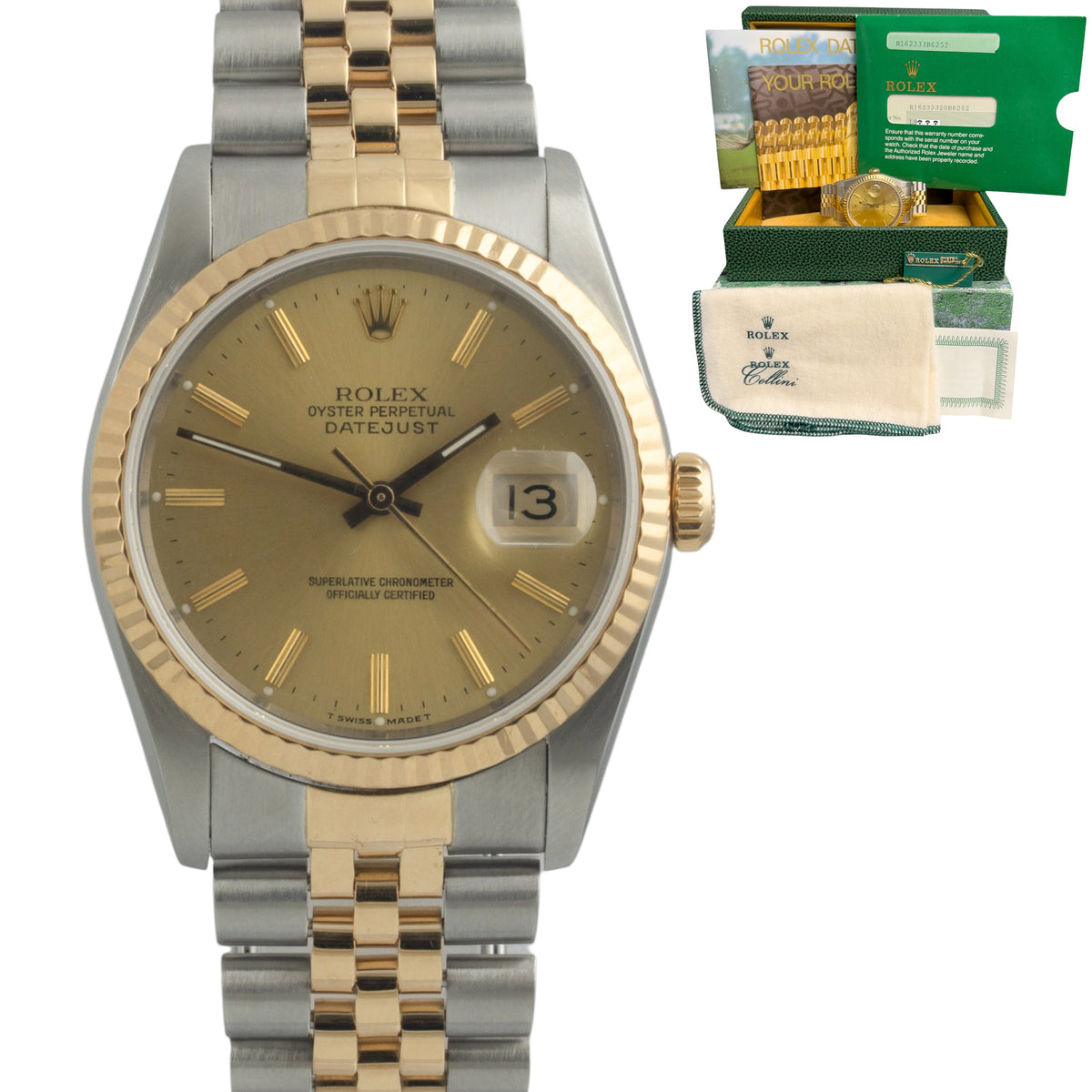 1989 Rolex DateJust 16233 36mm Champagne Steel & 18k Gold JUBILEE BOX + PAPERS