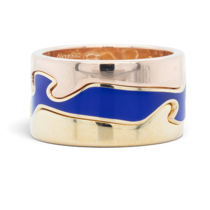 Georg Jensen Fusion 3 Piece Puzzle 18k Yellow Gold Blue Ceramic Ring Size 7.5