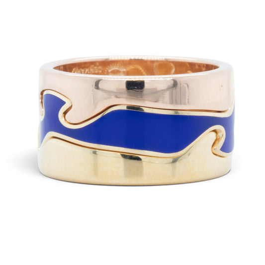 Georg Jensen Fusion 3 Piece Puzzle 18k Yellow Gold Blue Ceramic Ring Size 7.5