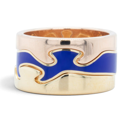 Georg Jensen Fusion 3 Piece Puzzle 18k Yellow Gold Blue Ceramic Ring Size 7.5