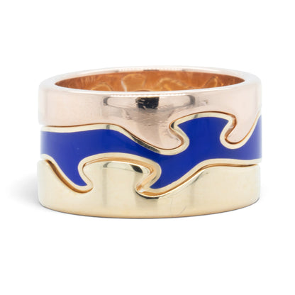Georg Jensen Fusion 3 Piece Puzzle 18k Yellow Gold Blue Ceramic Ring Size 7.5