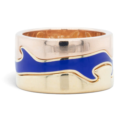 Georg Jensen Fusion 3 Piece Puzzle 18k Yellow Gold Blue Ceramic Ring Size 7.5