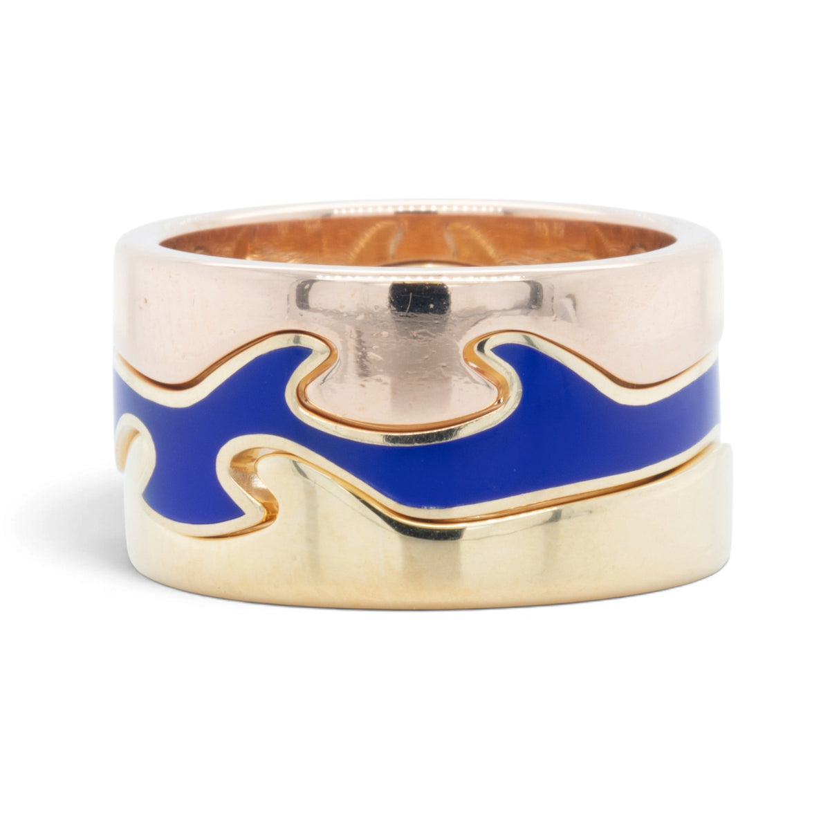 Georg Jensen Fusion 3 Piece Puzzle 18k Yellow Gold Blue Ceramic Ring Size 7.5