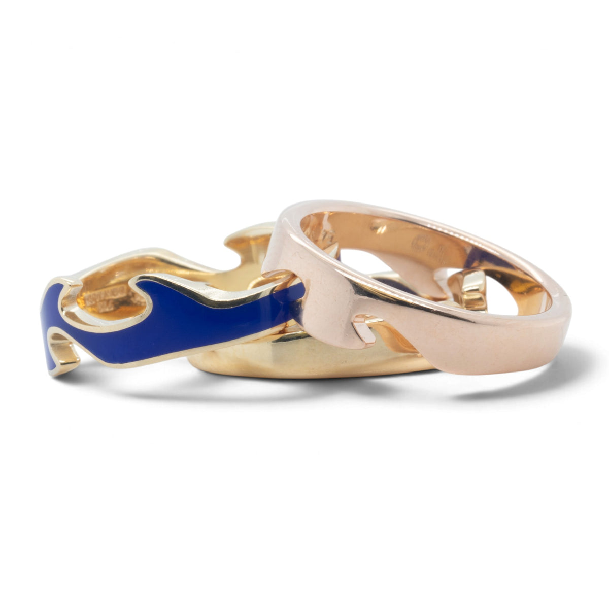 Georg Jensen Fusion 3 Piece Puzzle 18k Yellow Gold Blue Ceramic Ring Size 7.5