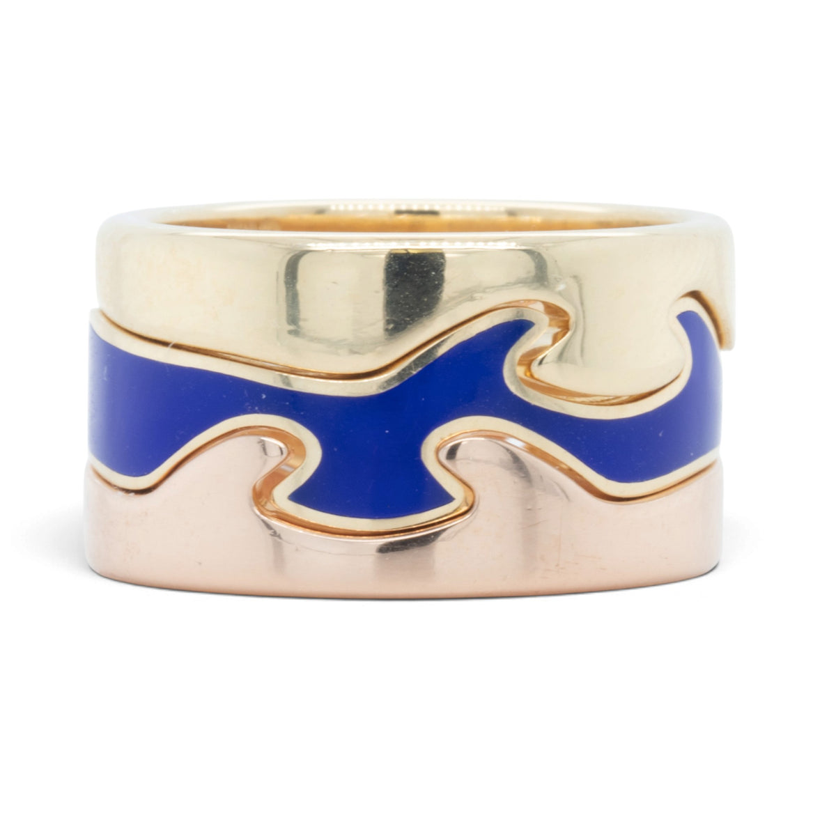 Georg Jensen Fusion 3 Piece Puzzle 18k Yellow Gold Blue Ceramic Ring Size 7.5