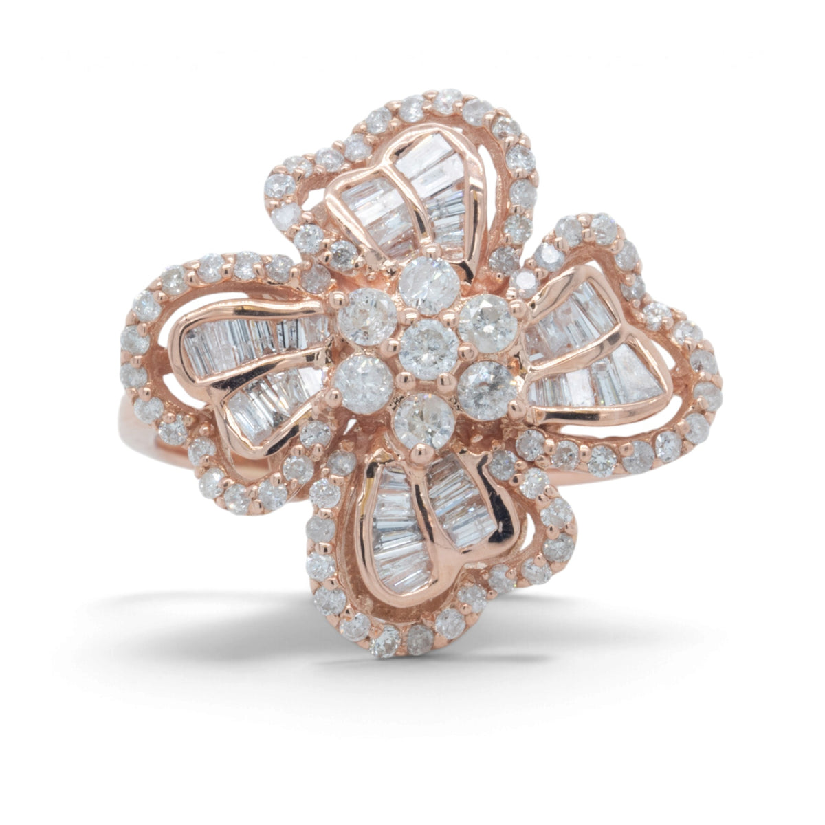 14k Rose Gold Baguette & Round Diamond Flower Cocktail Ring 1.15ctw H-I I1 Sz 8