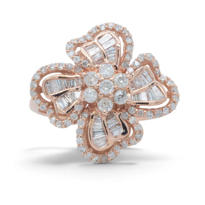 14k Rose Gold Baguette & Round Diamond Flower Cocktail Ring 1.15ctw H-I I1 Sz 8