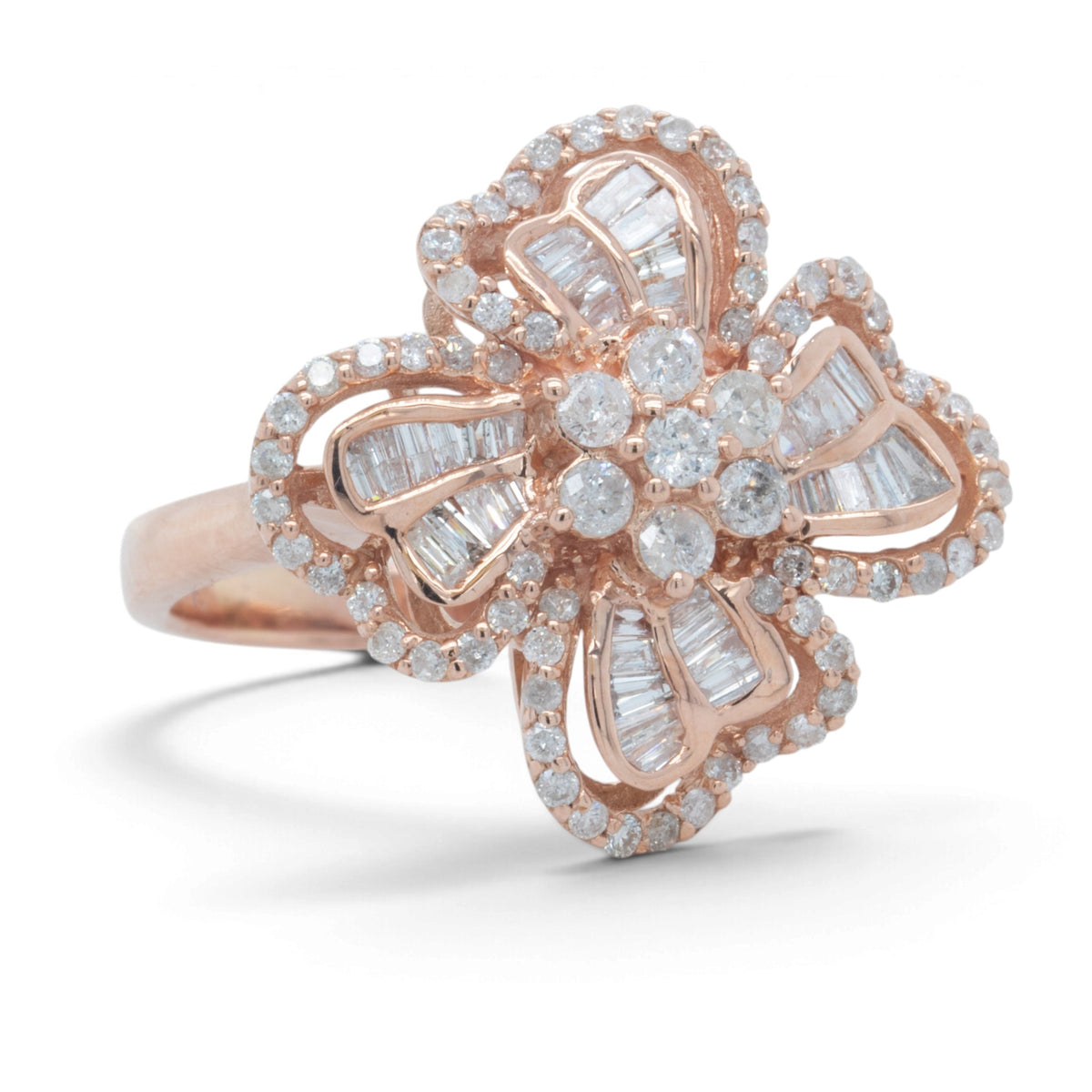 14k Rose Gold Baguette & Round Diamond Flower Cocktail Ring 1.15ctw H-I I1 Sz 8
