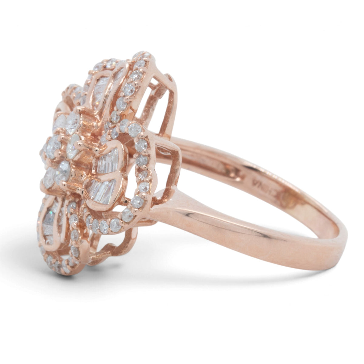 14k Rose Gold Baguette & Round Diamond Flower Cocktail Ring 1.15ctw H-I I1 Sz 8