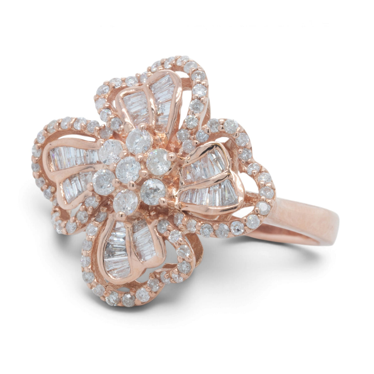 14k Rose Gold Baguette & Round Diamond Flower Cocktail Ring 1.15ctw H-I I1 Sz 8