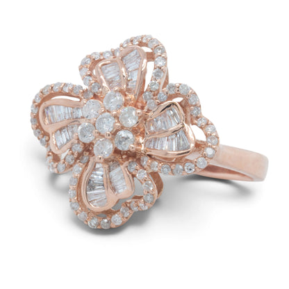14k Rose Gold Baguette & Round Diamond Flower Cocktail Ring 1.15ctw H-I I1 Sz 8