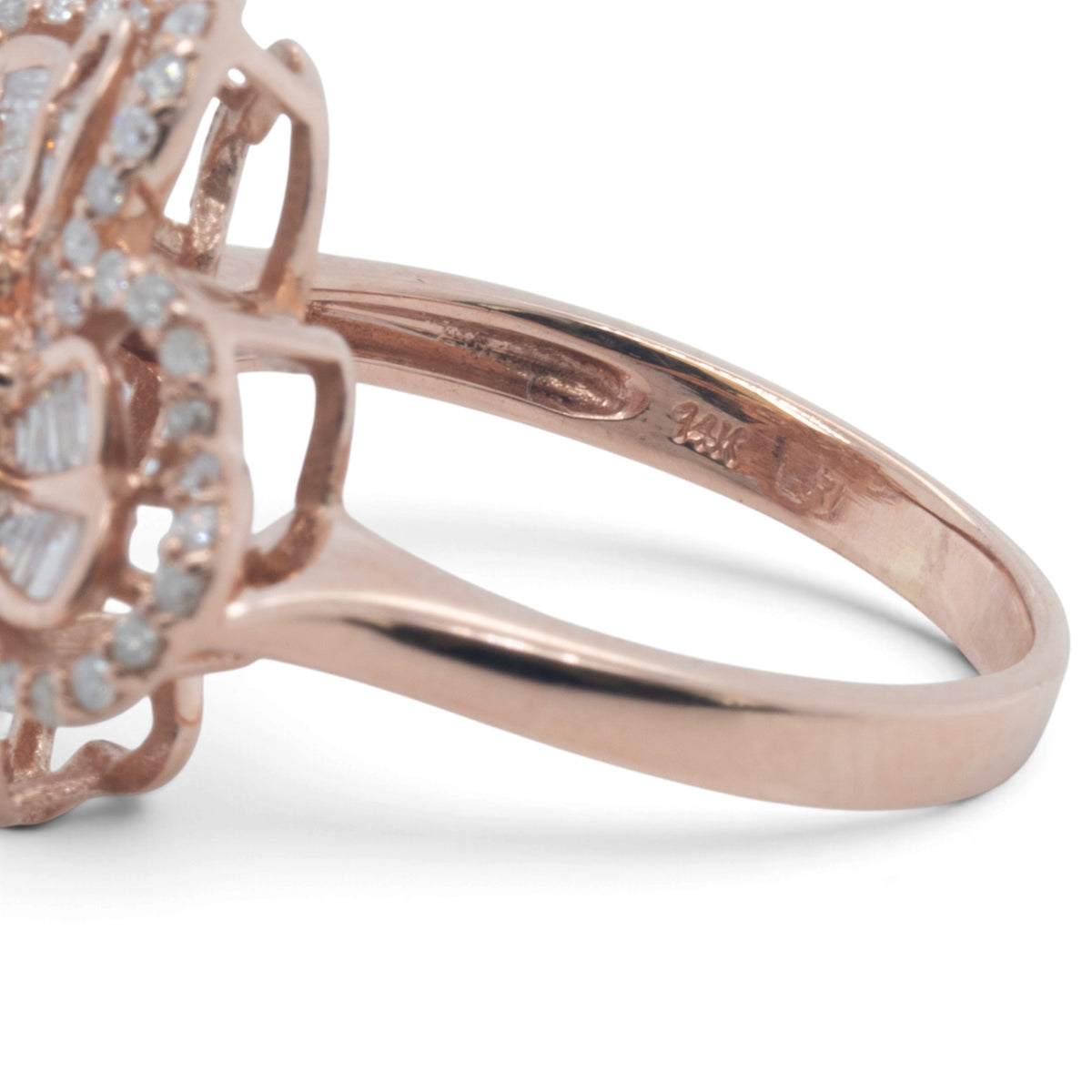 14k Rose Gold Baguette & Round Diamond Flower Cocktail Ring 1.15ctw H-I I1 Sz 8