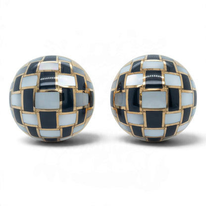 Tiffany & Co. Black Jade & Mother of Pearl 18k Gold Checkerboard Dome Earrings