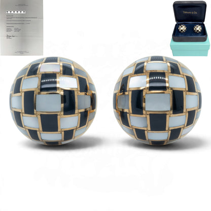 Tiffany & Co. Black Jade & Mother of Pearl 18k Gold Checkerboard Dome Earrings