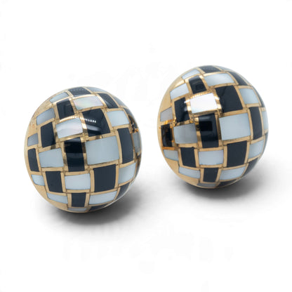 Tiffany & Co. Black Jade & Mother of Pearl 18k Gold Checkerboard Dome Earrings