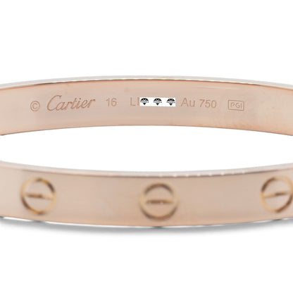 artier Love Classic 18k Rose Gold Bracelet Size 16 RECEIPT BOX & CERT 2021