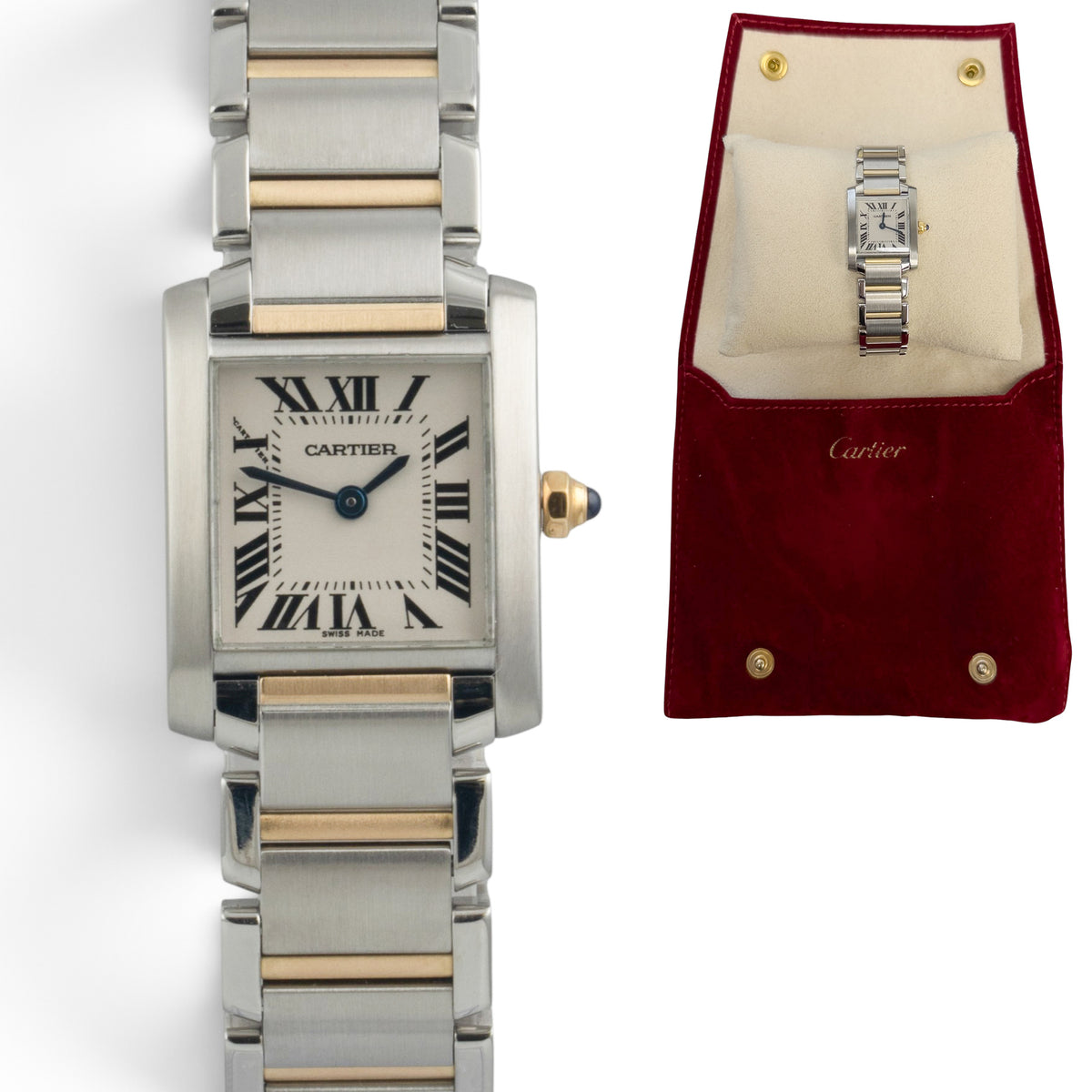 Cartier Tank Francaise 2384 Stainless Steel & 18k Gold 20x25mm White Roman POUCH