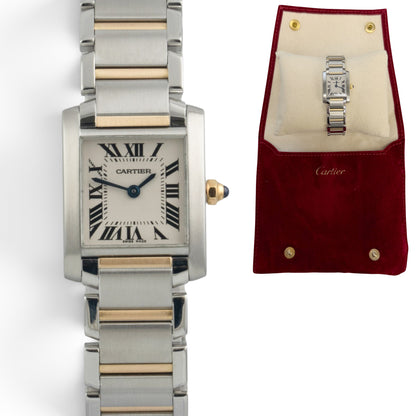 Cartier Tank Francaise 2384 Stainless Steel & 18k Gold 20x25mm White Roman POUCH