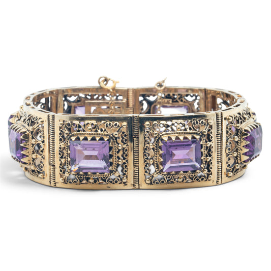Antique Ornate Filigree Purple Gem 14k Gold Station Bracelet Size 6.5" 49.8g