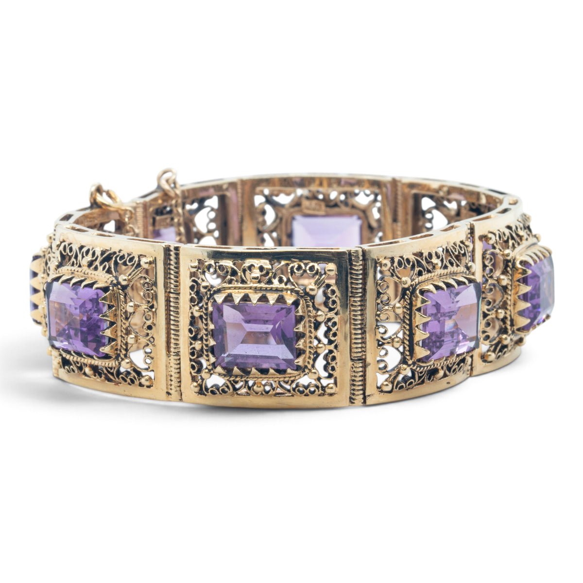 Antique Ornate Filigree Purple Gem 14k Gold Station Bracelet Size 6.5" 49.8g