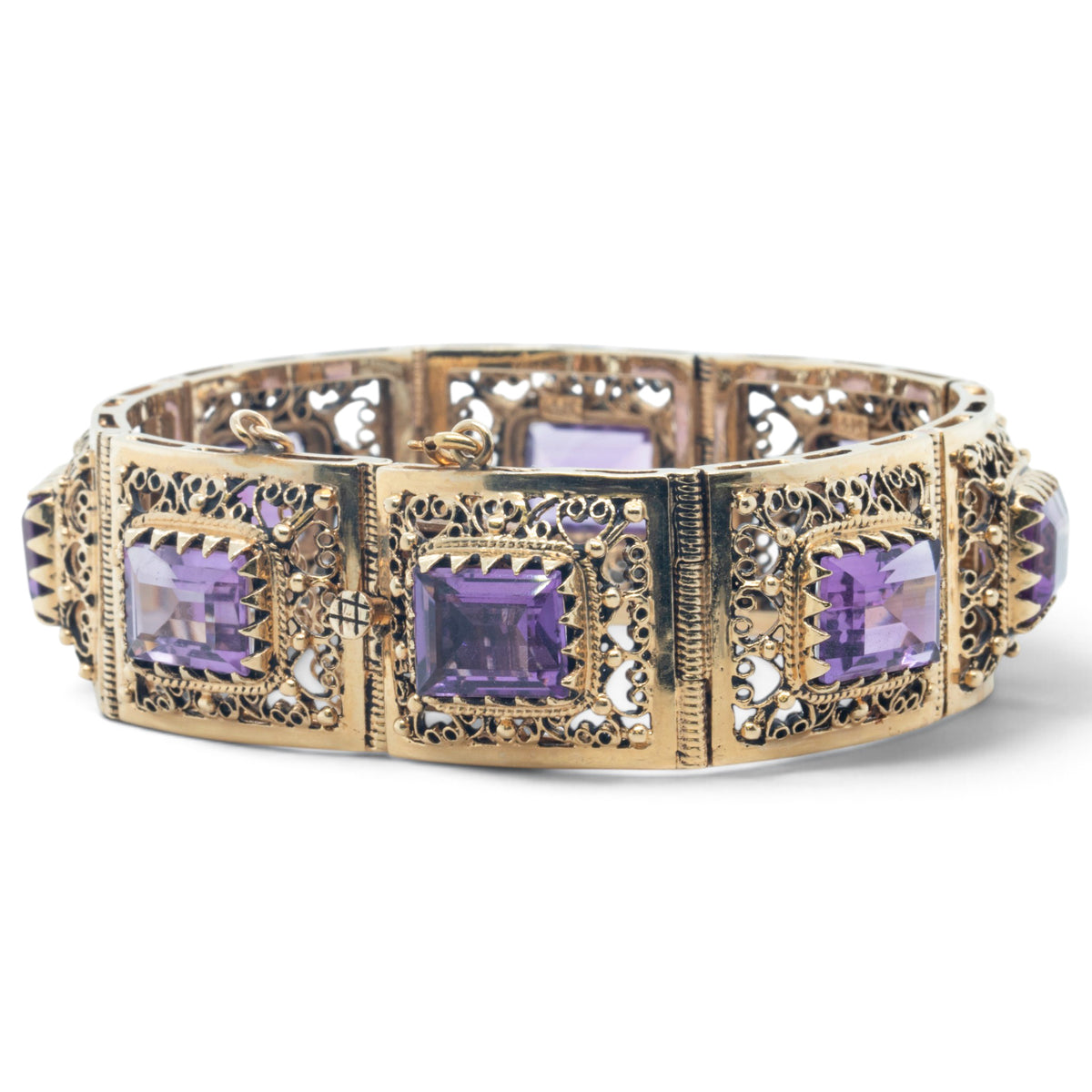 Antique Ornate Filigree Purple Gem 14k Gold Station Bracelet Size 6.5" 49.8g