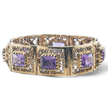 Antique Ornate Filigree Purple Gem 14k Gold Station Bracelet Size 6.5" 49.8g