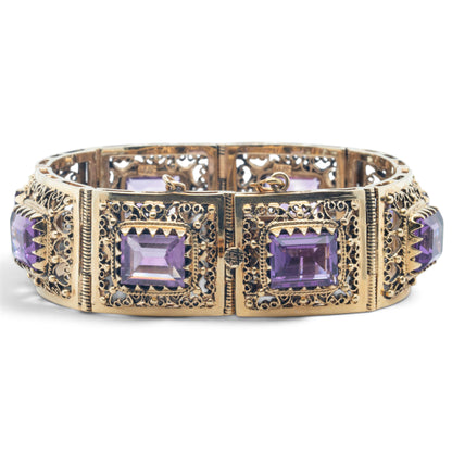 Antique Ornate Filigree Purple Gem 14k Gold Station Bracelet Size 6.5" 49.8g