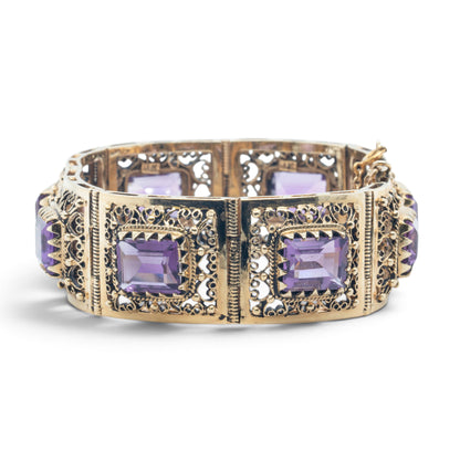 Antique Ornate Filigree Purple Gem 14k Gold Station Bracelet Size 6.5" 49.8g
