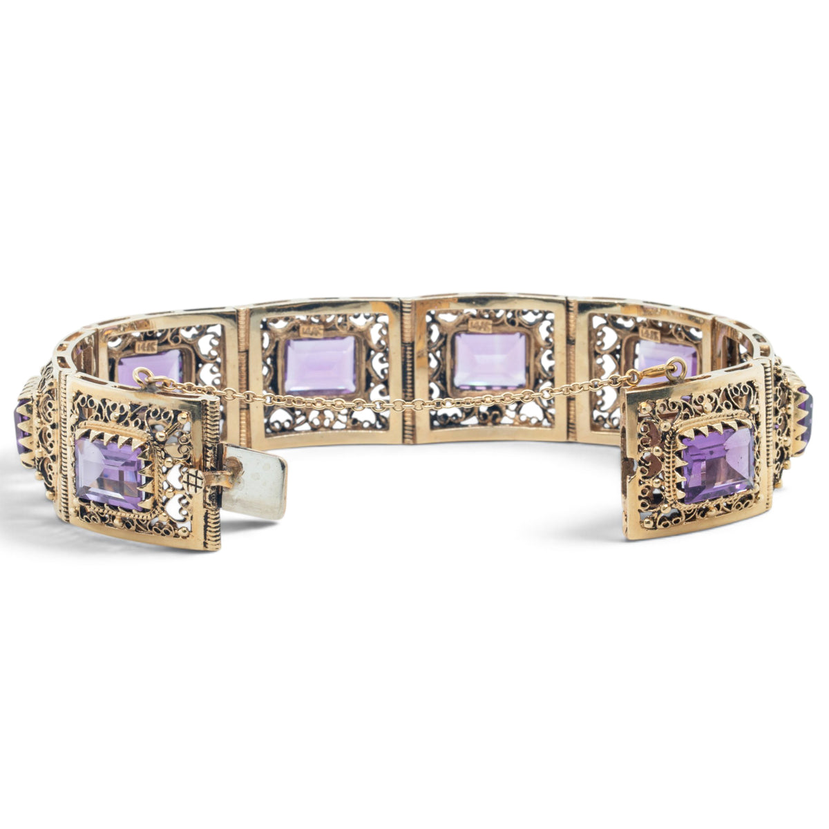 Antique Ornate Filigree Purple Gem 14k Gold Station Bracelet Size 6.5" 49.8g