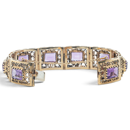 Antique Ornate Filigree Purple Gem 14k Gold Station Bracelet Size 6.5" 49.8g